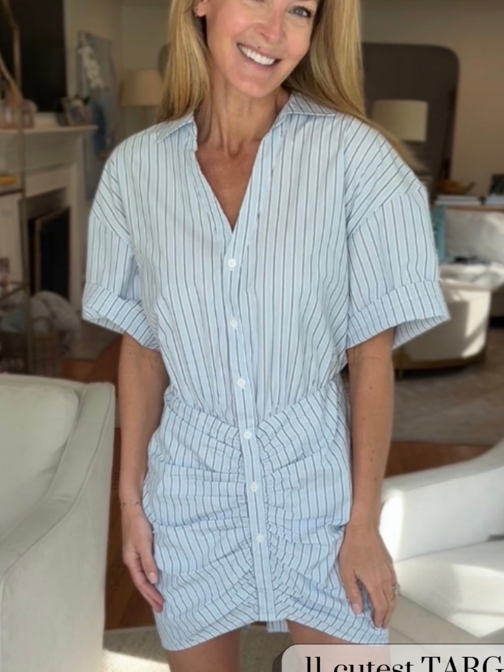 Light Blue Stripe Button-Front Ruched Mini shirt Dress